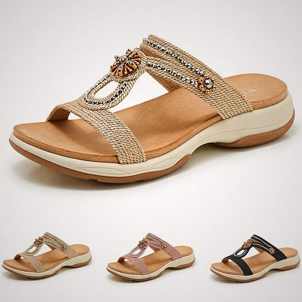 Damen Boho Sandalen Geflochtene Pantoletten Sommer Hausschuhe Strand Slippers