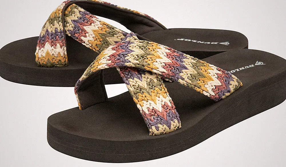 Damen braune Sommer Sandalen Dunlop Keilabsatz Strand leicht gewebt Crossover