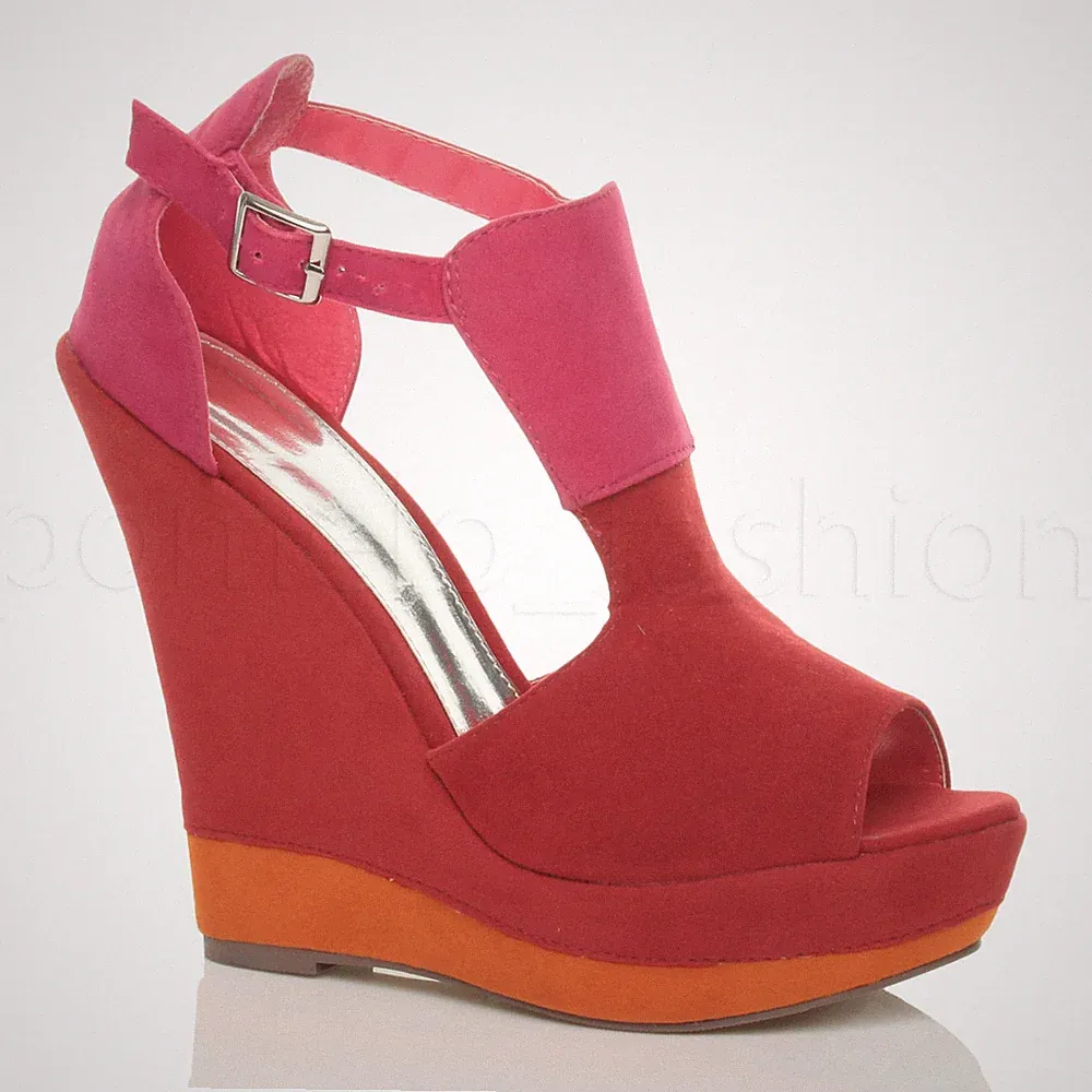 DAMEN BUNTE HOHE KEILABSATZ PLATEAU PEEPTOE SCHNALLE SANDALEN GRÖSSE 7 40