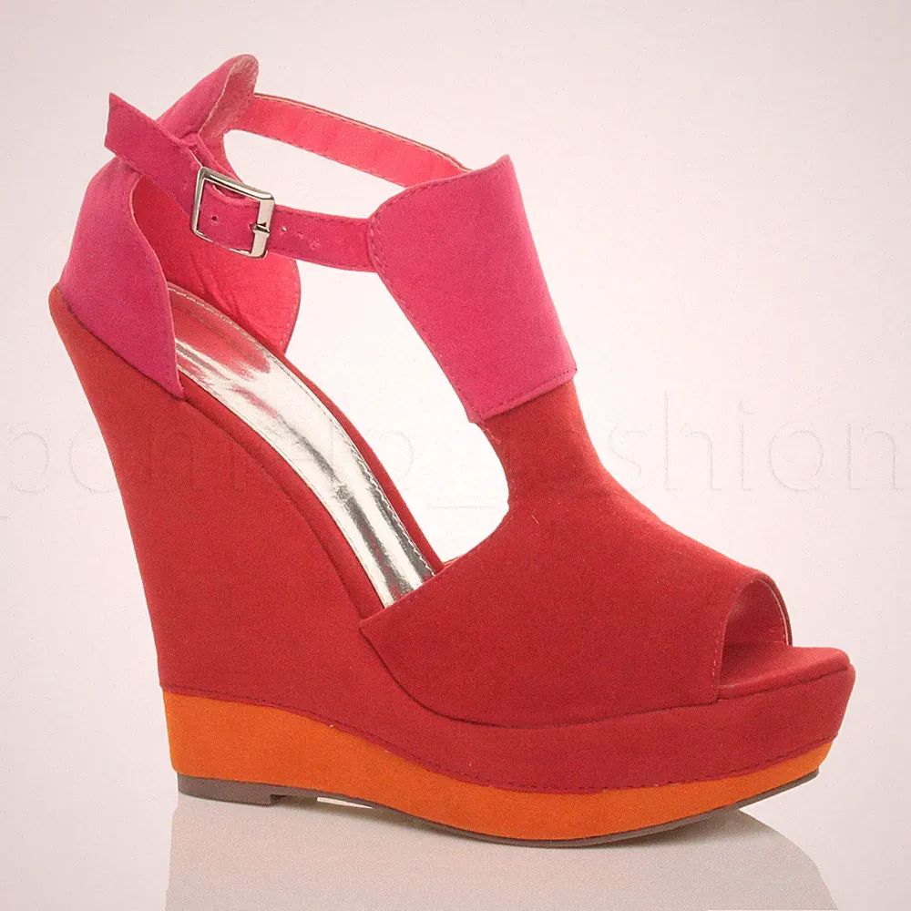 DAMEN BUNTE HOHE KEILABSATZ PLATEAU PEEPTOE SCHNALLE SANDALEN GRÖSSE 7 40