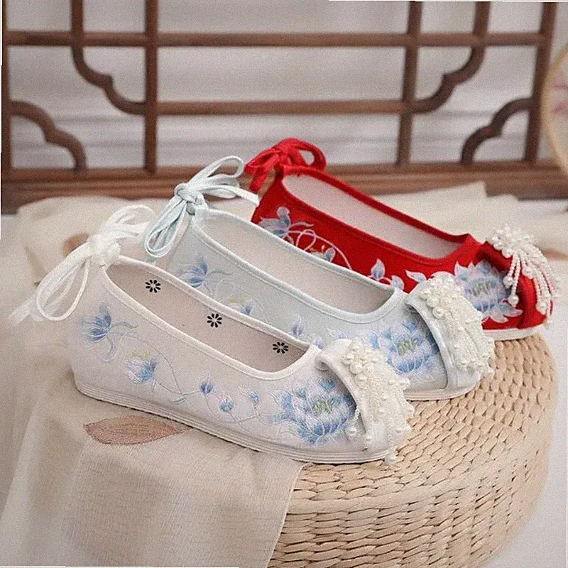 Damen Chinesisch Bestickt Tuch Schuhe Perlen Ethnisch Weich Slipper Ballerina