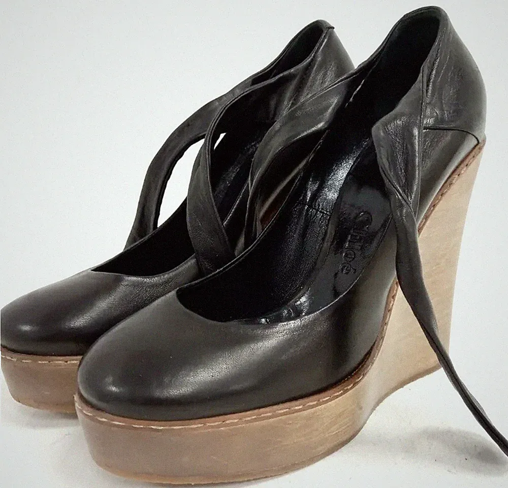 Damen Chloe Keilabsatz schwarz Leder Plateau Schuhe Größe UK 5 EU 38 einmal getragen