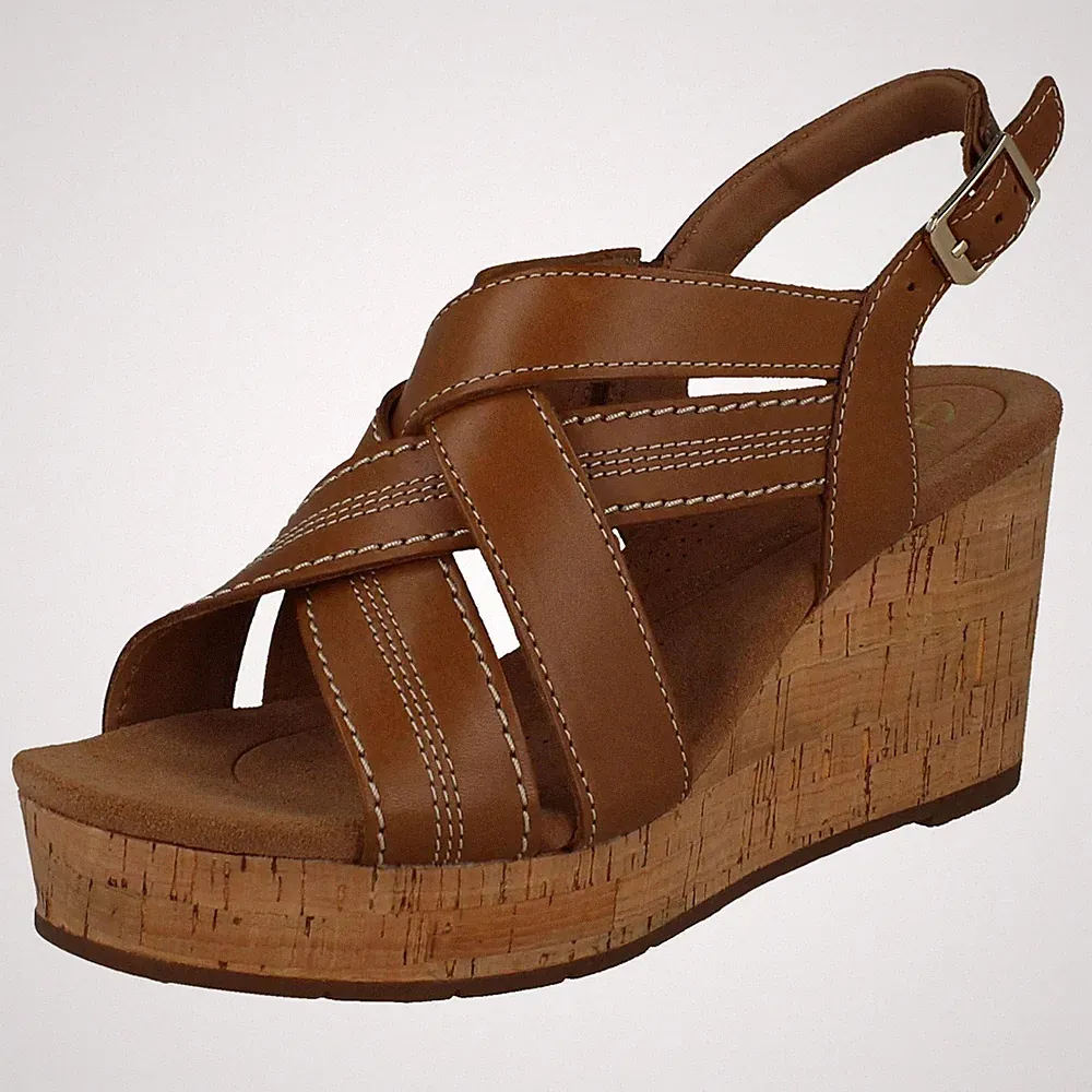 Damen Clarks Riemchen Leder Cross-Over Keil Schnalle Sandalen: "Sabina Sling"