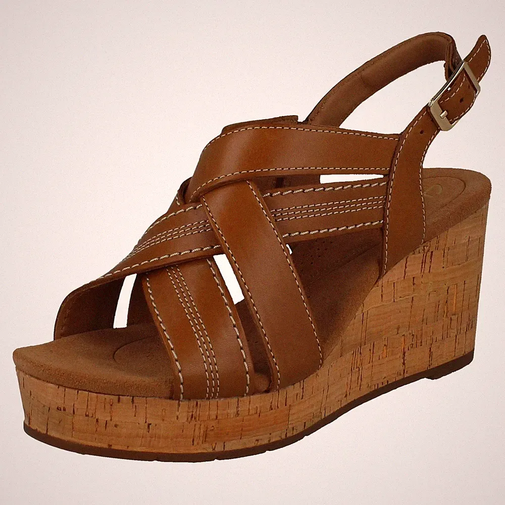 Damen Clarks Sabina Sling Ledersandalen Riemchen Keilabsatz - Schnalle
