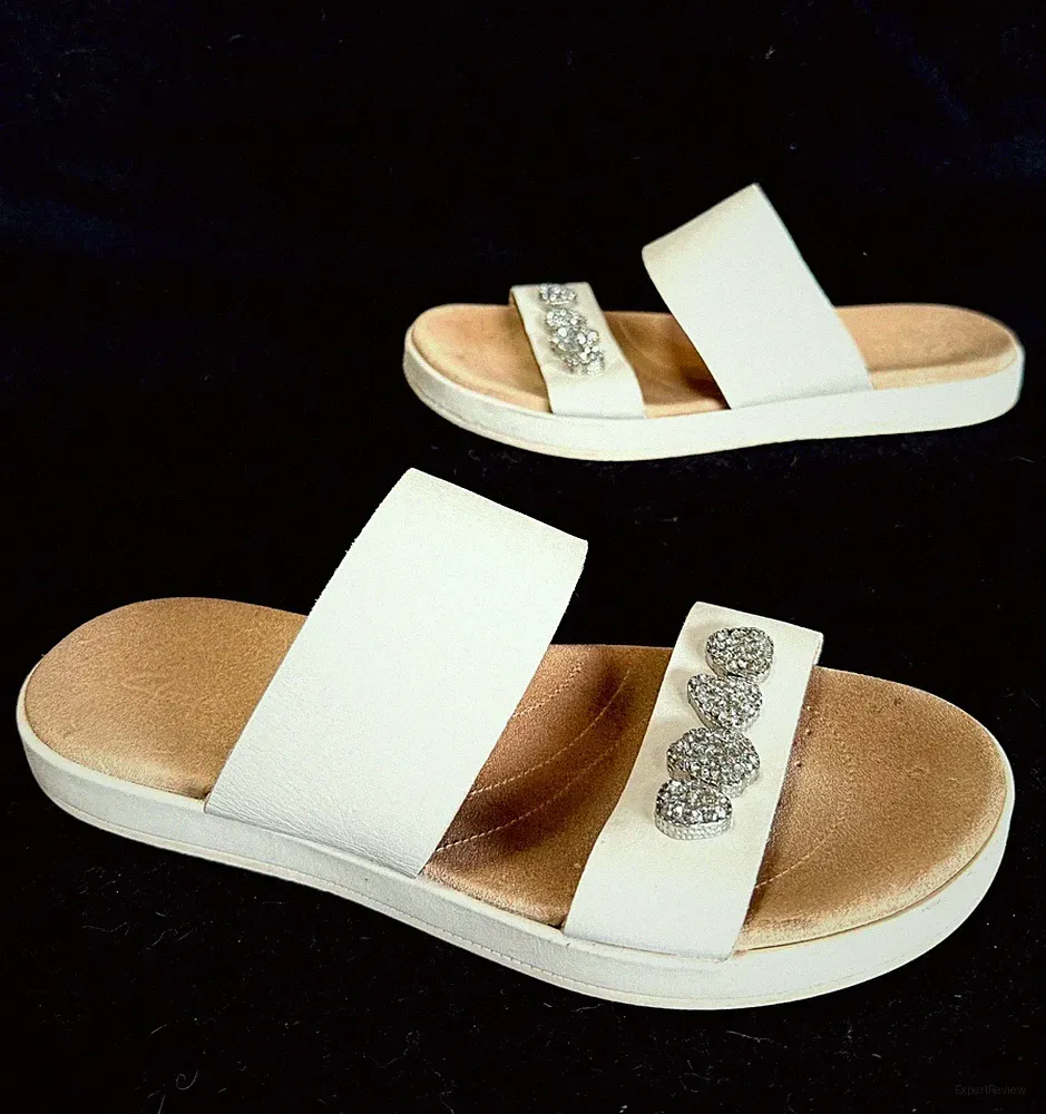 Damen Clarks weiße Leder Slipper Schmuck Sandalen/Pantoletten Größe UK 7 D fabelhaft!
