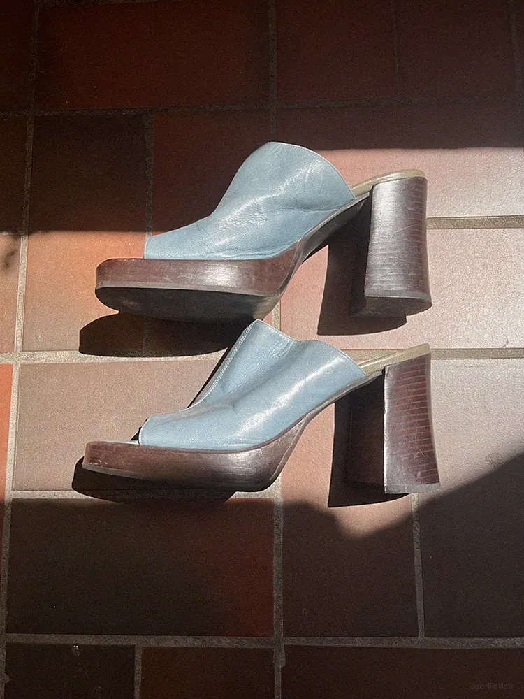 Damen Clogs Leder Hellblau Größe 39 Plateau Und Keilabsatz 90 er Jahre