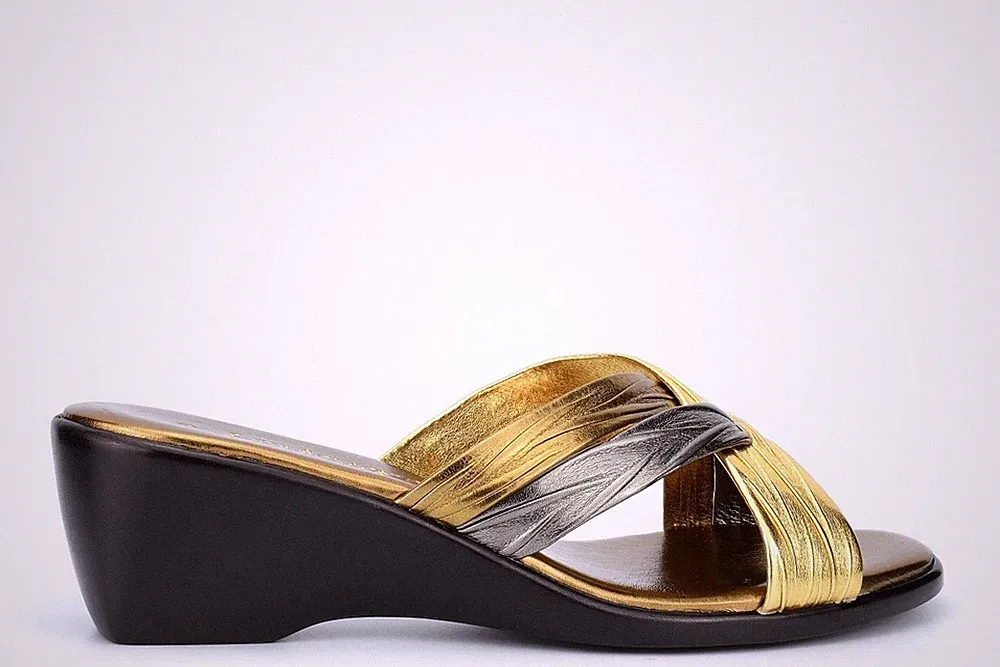 Damen Cross Over Pantoletten Sandalen Damen Keilabsatz Sandalen Größe Bronze/Zinn/Gold