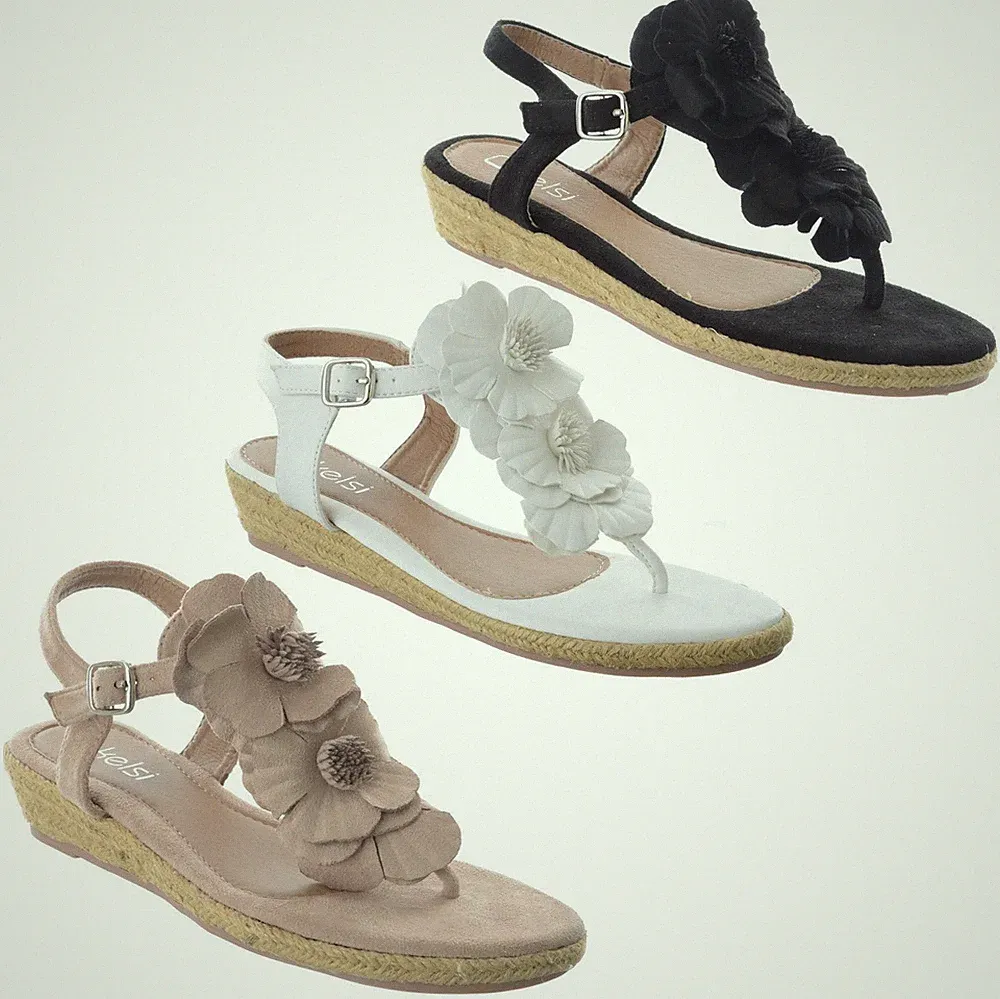 DAMEN DAMEN NIEDRIGER KEILABSATZ ESPADRILLE ZEHENSTEG RIEMCHEN BLUMEN SANDALEN SCHUHE GRÖSSE