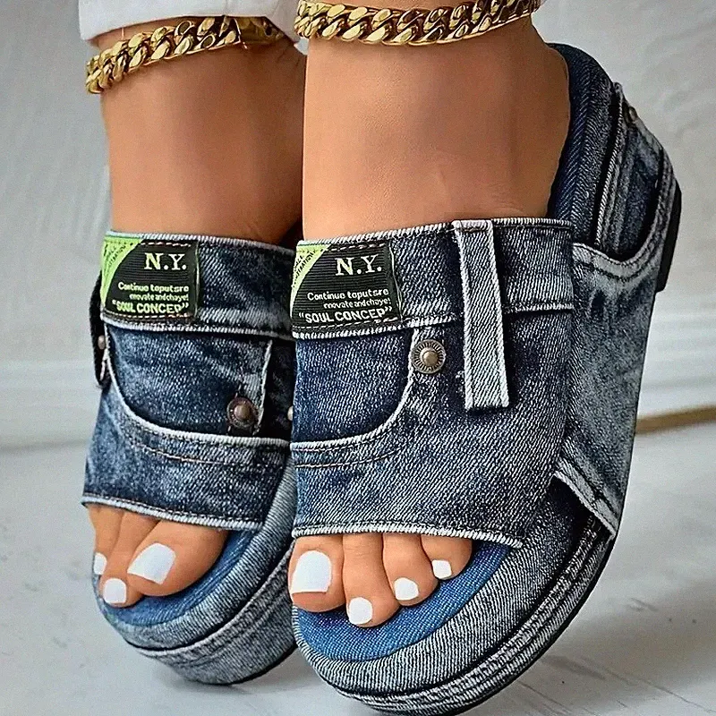 Damen Denim Plateau Hausschuhe Sommer Freizeit Slipper Strand Sandalen Schuhe