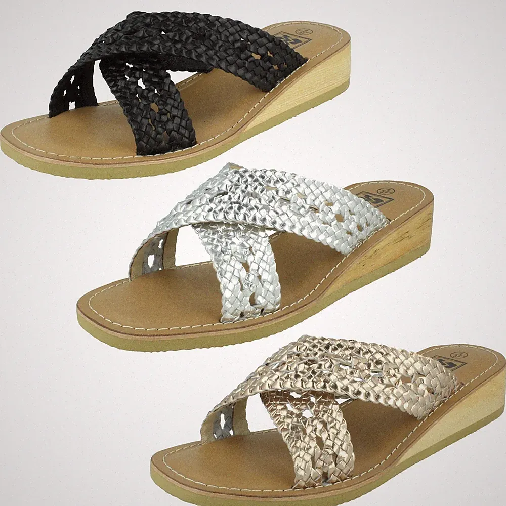 Damen Down To Earth F0R0430 Niedrige Keil-Leder X Riemen Mule Sandalen