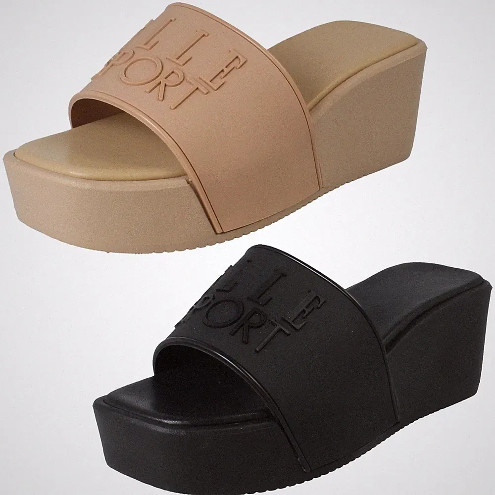 Damen Elle Sport Keil Absatz Slip On Sandalen Mules Schwarz Tan