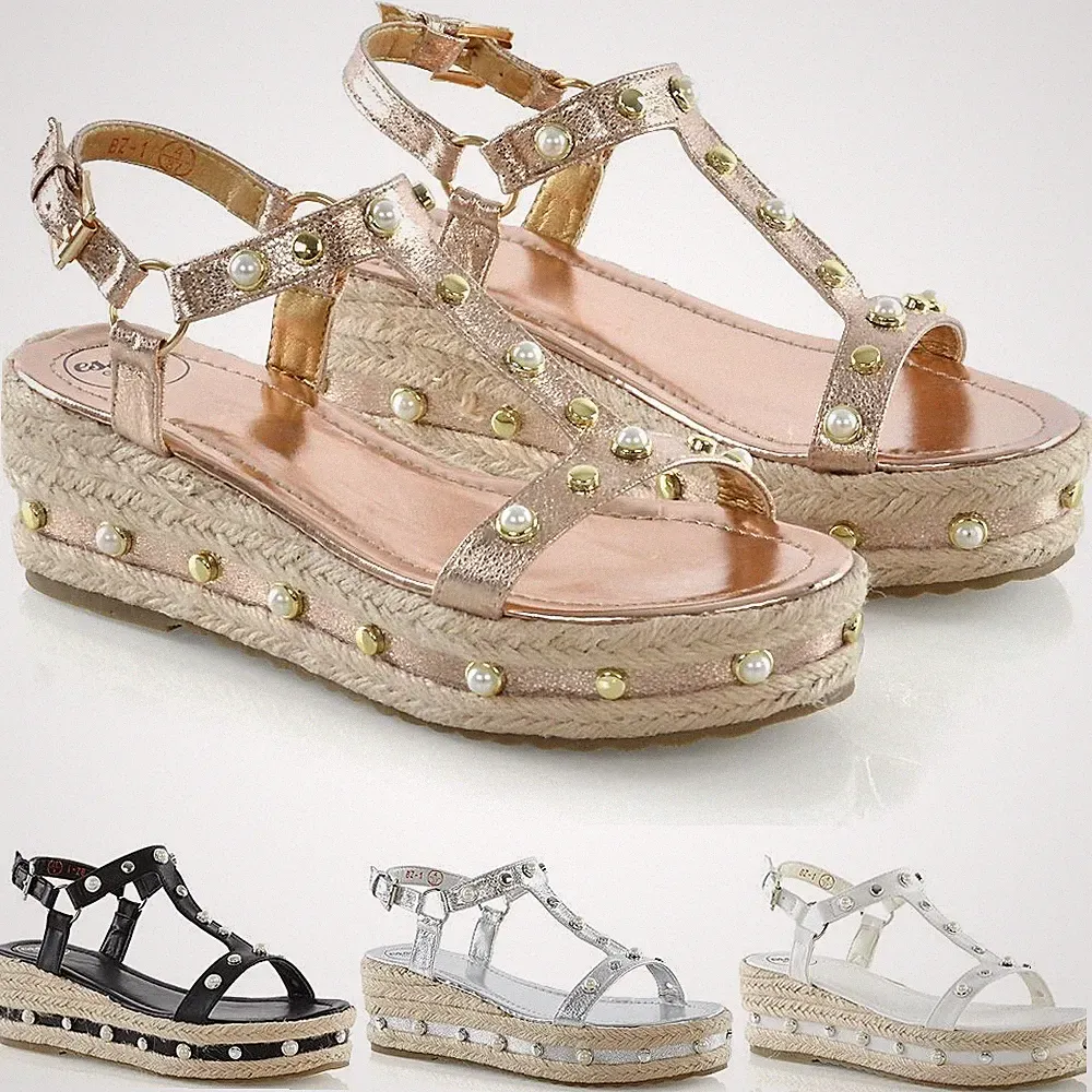 Damen-Espadrille-Sandalen niedriger Keilabsatz Nieten Plateauschuhe