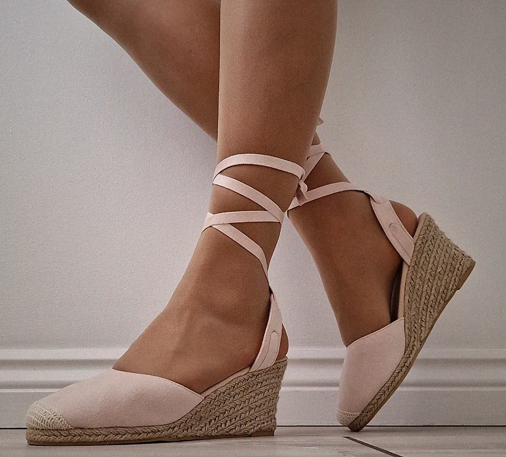 Damen-Espadrille-Sandalen rosa beige Knöchelriemen Keilabsatz Plateauschuhe neu