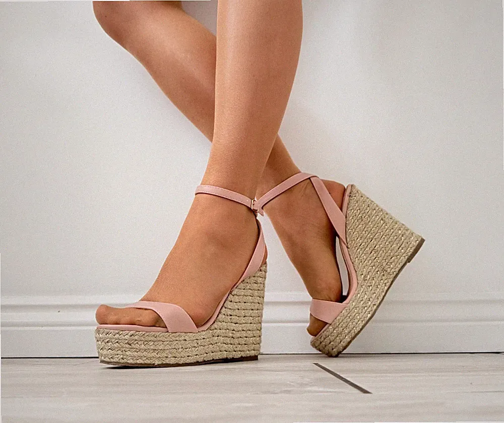 Damen-Espadrille-Sandalen rosa Keilabsatz Plateau-Absatz Knöchelriemen Sommer UK