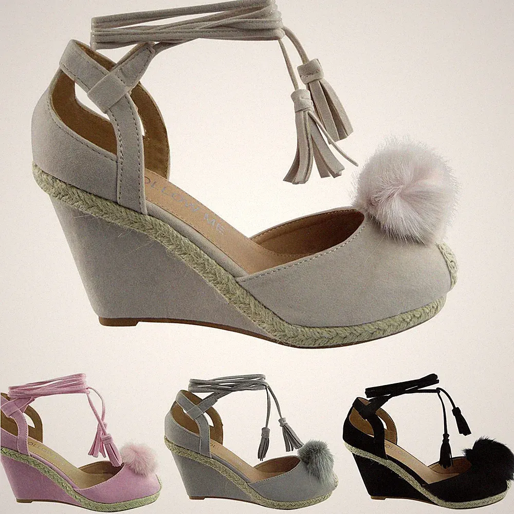 Damen-Espadrilles Keilabsatz Sommer weite Passform Schnürschuhe Fellbommel Schuhe