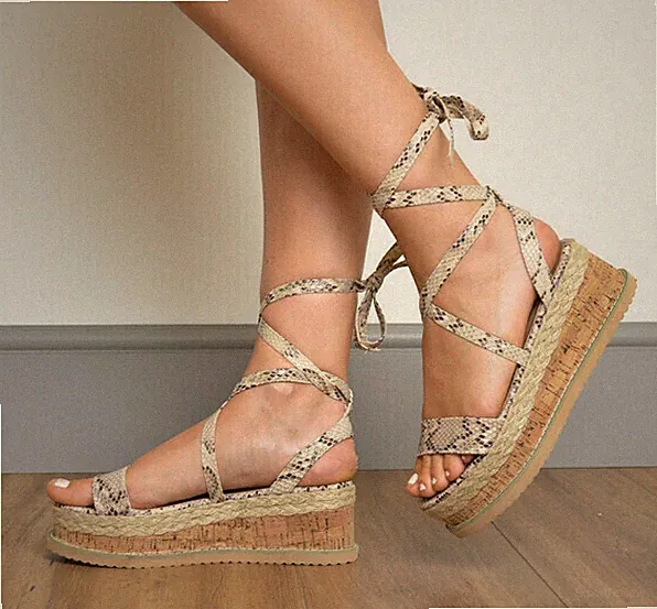 Damen-Espadrilles Sommer-Sandalen Keilabsatz zum Binden Plateau Sommerschuhe