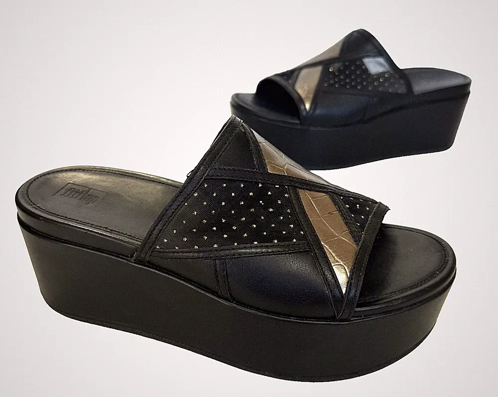 Damen FitFlop schwarze Slipper klobige Plateau Sandalen Gr. UK 5 (38) Top Zustand
