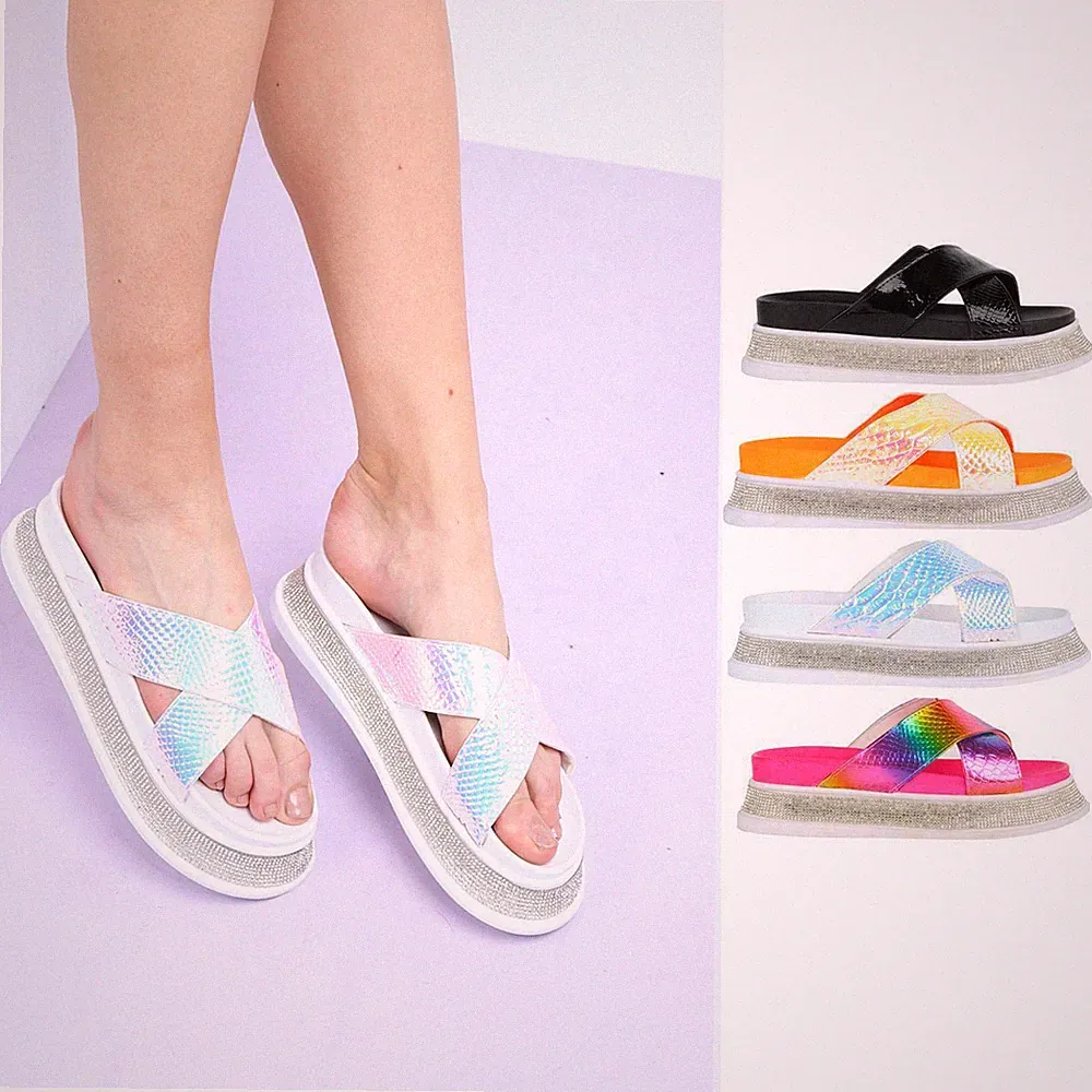 DAMEN FLACHE SOMMER SLIDER STRAND SLIPPER PLATEAU SANDALEN SCHUHE