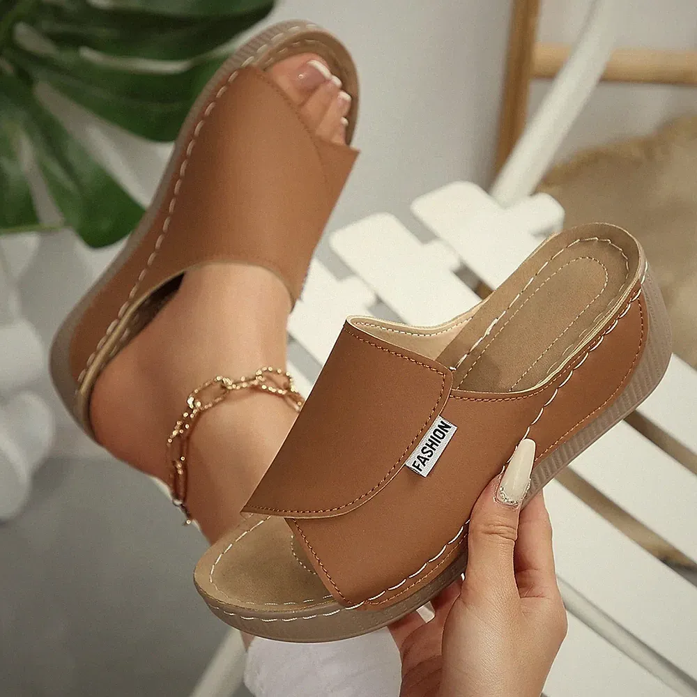 Damen-Flip-Flops Peeptoe Plateau Keilabsatz Sommer Strand Freizeit Hausschuhe