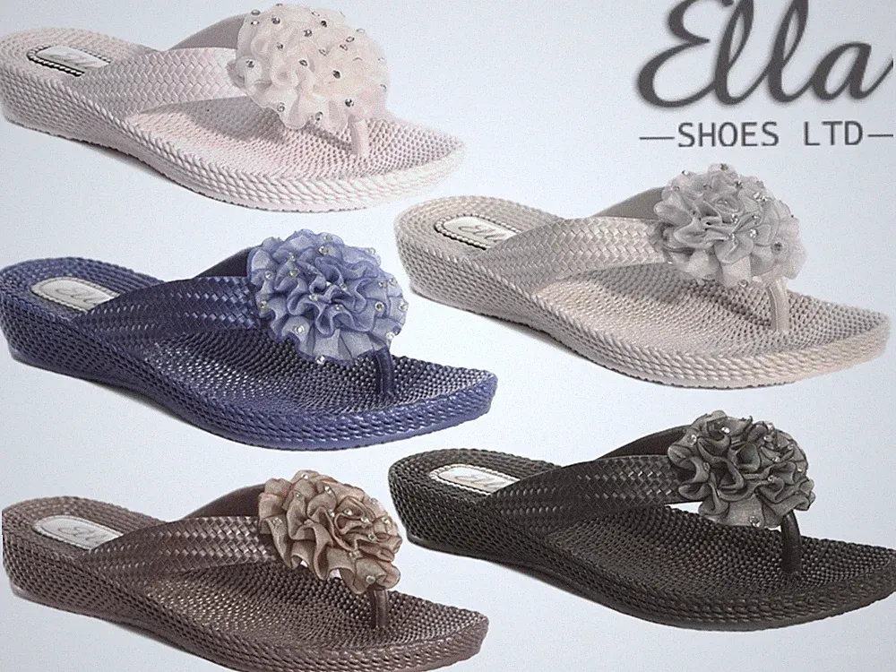 Damen-Flip-Flops Sandalen bequem Zehensteg Sommer Strand niedriger Keilabsatz Blume Ella