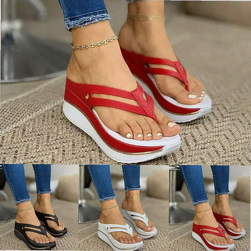 Damen Flip Flops Sandalen Pumps Pantoletten Hausschuhe Keilabsatz Plateau Sommer