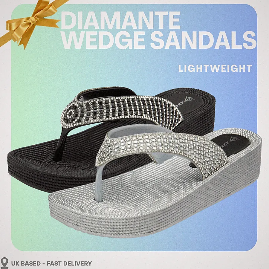Damen-Flip-Flops Strass Keilabsatz glitzernde bequeme Sommer Strand Sandalen