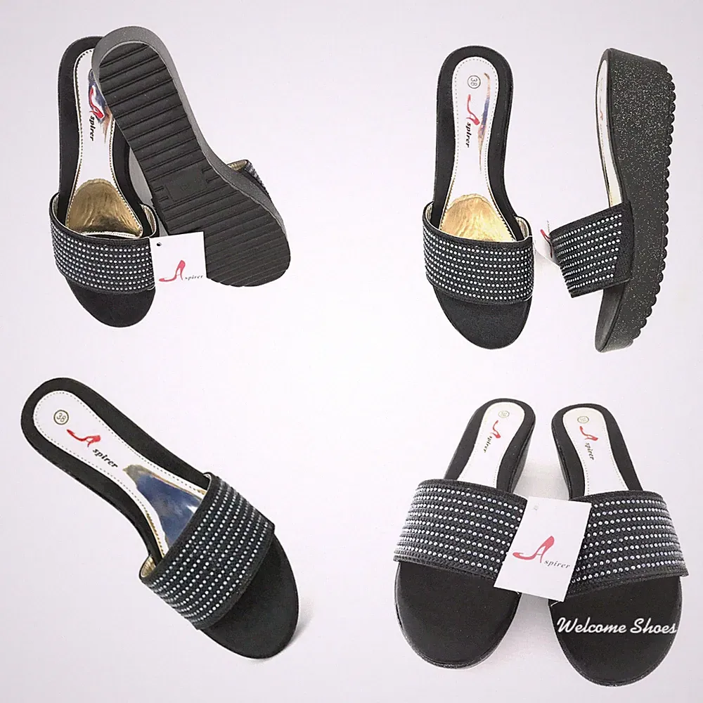 Damen Frauen Diamant Mode schwarz leichte Pantolette Slipper Sandale Keilabsatz Komfort Größe