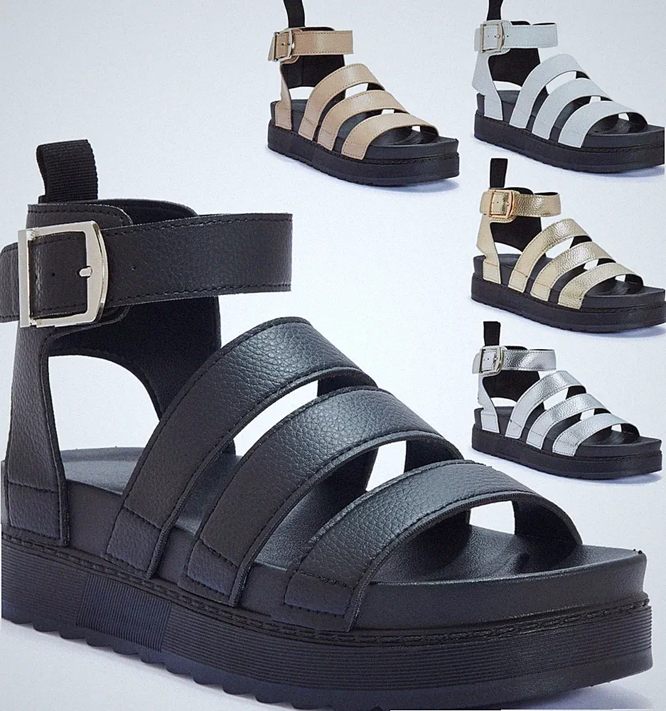 DAMEN FRAUEN FLACHE FORM GLADIATOR PLATEAU GROBE SOHLE RIEMCHEN SOMMER SANDALEN GR.