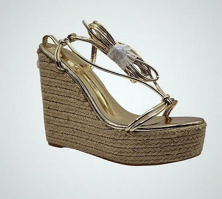 Damen Frauen Gold Pantolette High Heel Knöchel Wickel Hessisch Grob Sommer Sandale Größe