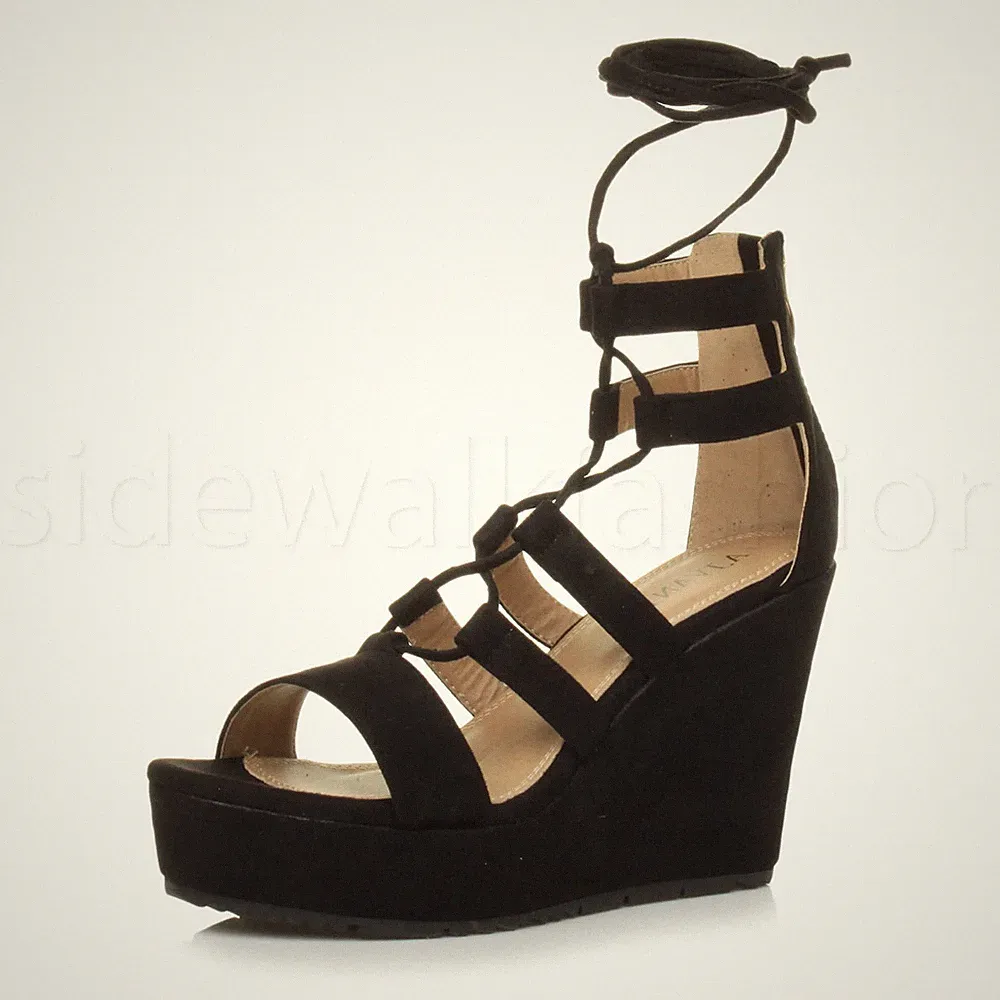 Damen Frauen hoher Keilabsatz Ghillie Schnür Reißverschluss Gladiator Käfig Sandalen Größe 3 36