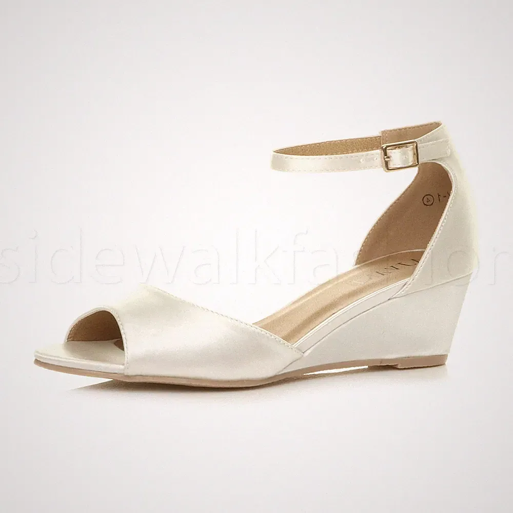 Damen Frauen Mittel Keilabsatz Abend Party Knöchelriemen Sandalen Peeptoe Schuhe