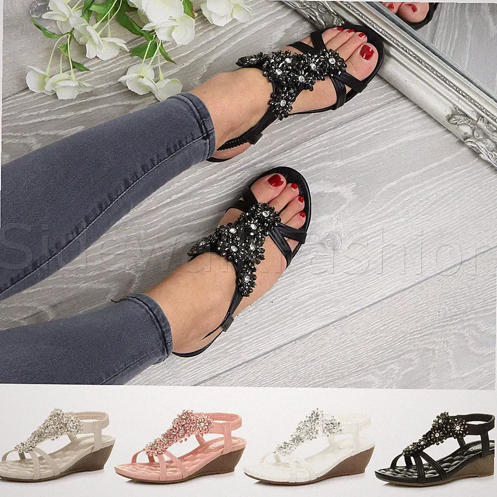 Damen Frauen Mittelhoher Absatz Keilabsatz Strass Slingback Riemchen Komfort Sandalen Größe