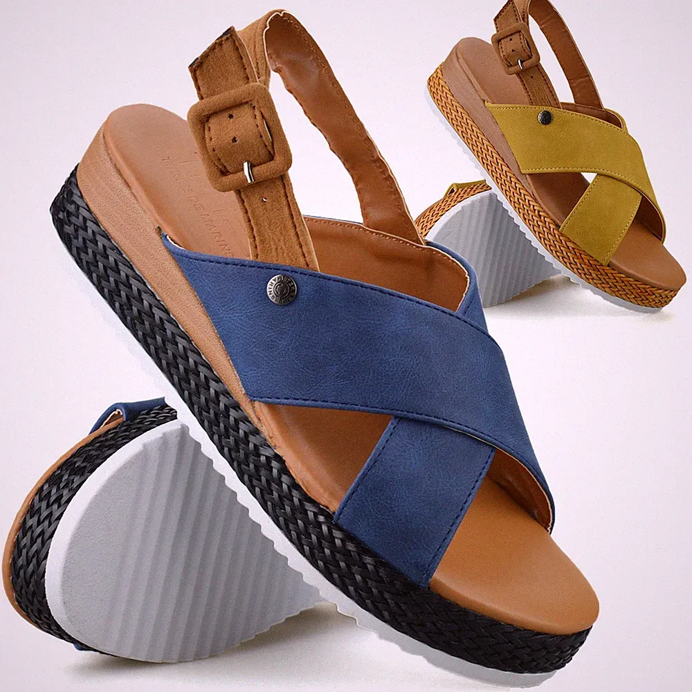 Damen Frauen mittelhoher Keilabsatz Plateau Sommer Fersenriemen Sandalen Schuhgröße