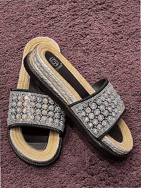 Damen Frauen sehr glitzernde Diamanten Slipper flache Form Keilabsatz Sommer Sliders Sandalen