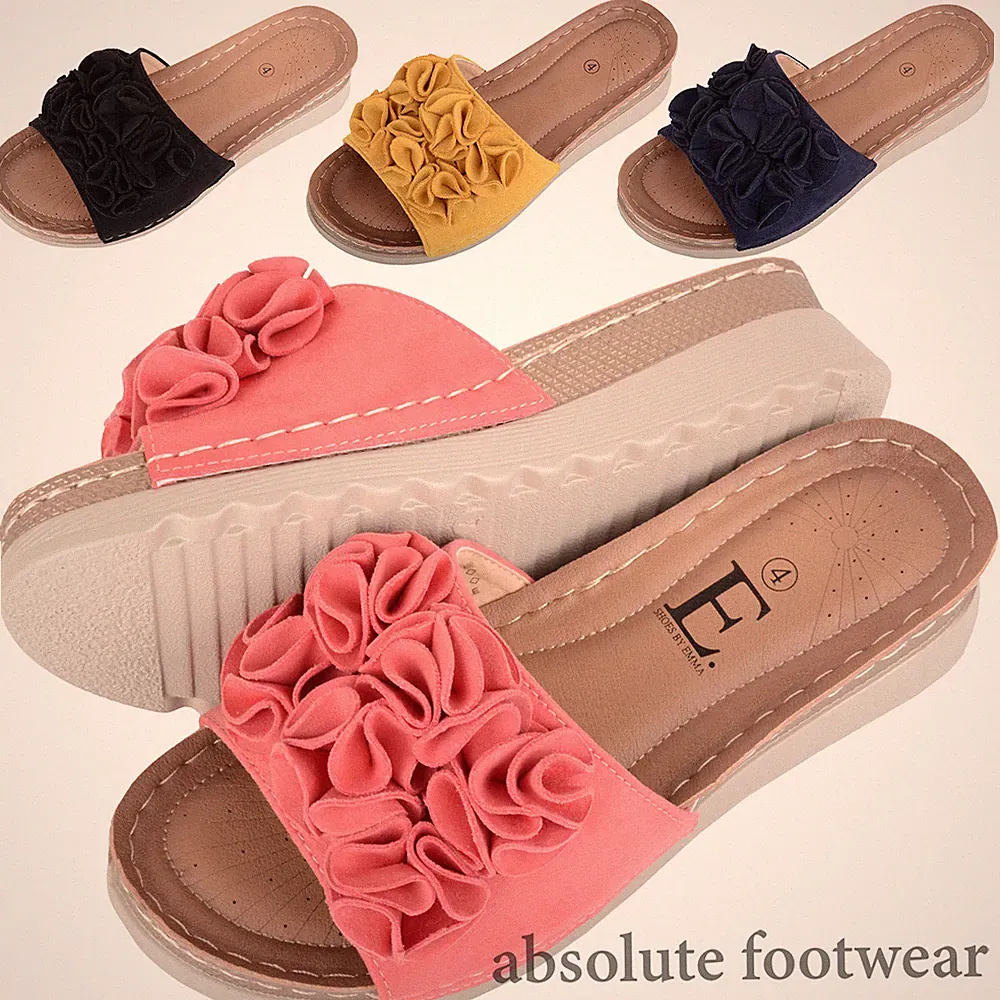 Damen Frauen Slipper hinten offen Peeptoe Sommer Urlaub Rüschen Schieber Sandalen