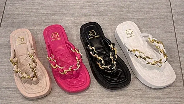 Damen Frauen Zehensteg Keilabsatz Sandalen Schieber geflochten Kettenriemen Flip Flops