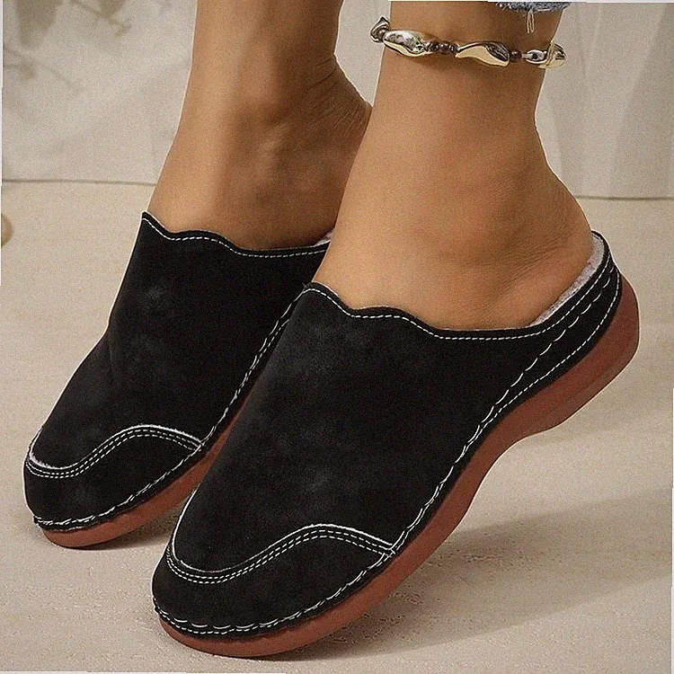 Damen Geschlossene Mules Keilabsatz Gefütterte Slip-On Warm Winter Hausschuhe