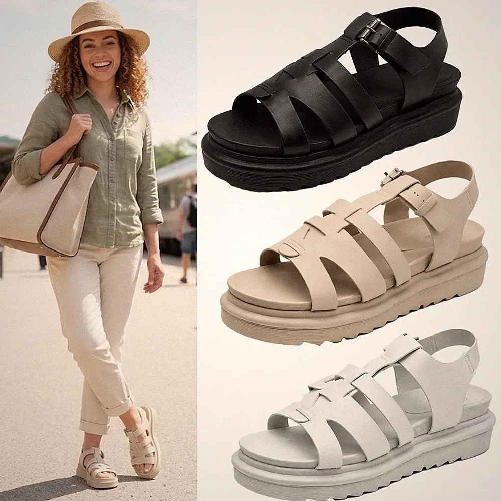 Damen-Gladiator-Sandalen Riemchen offene Zehenpartie klobig niedriger Keilabsatz Plateauschuhe