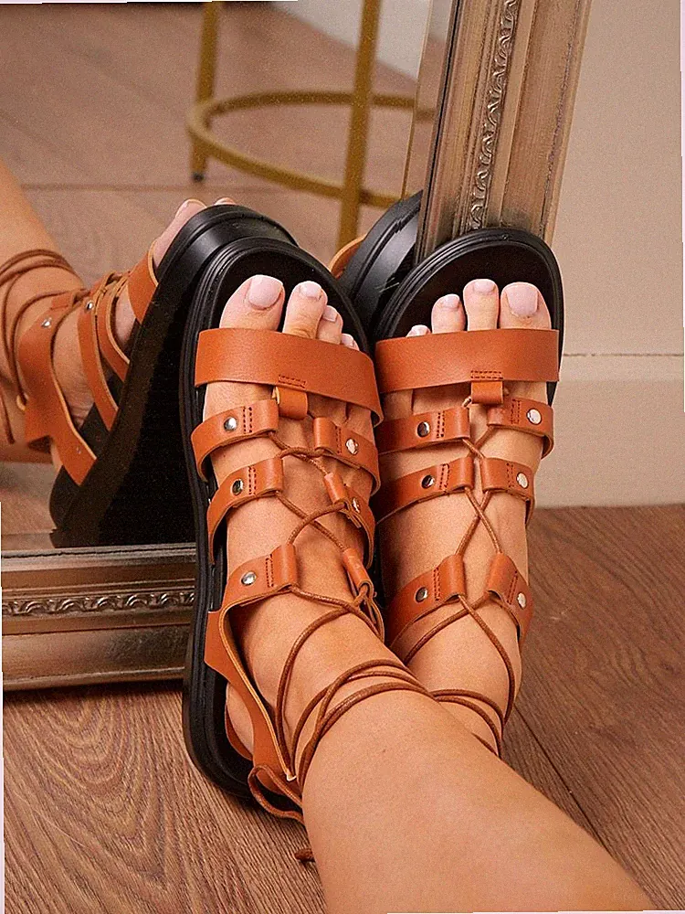 Damen-Gladiator-Sandalen Schnürschuhe Knöchelriemen Sommer Strand Party Schuhe
