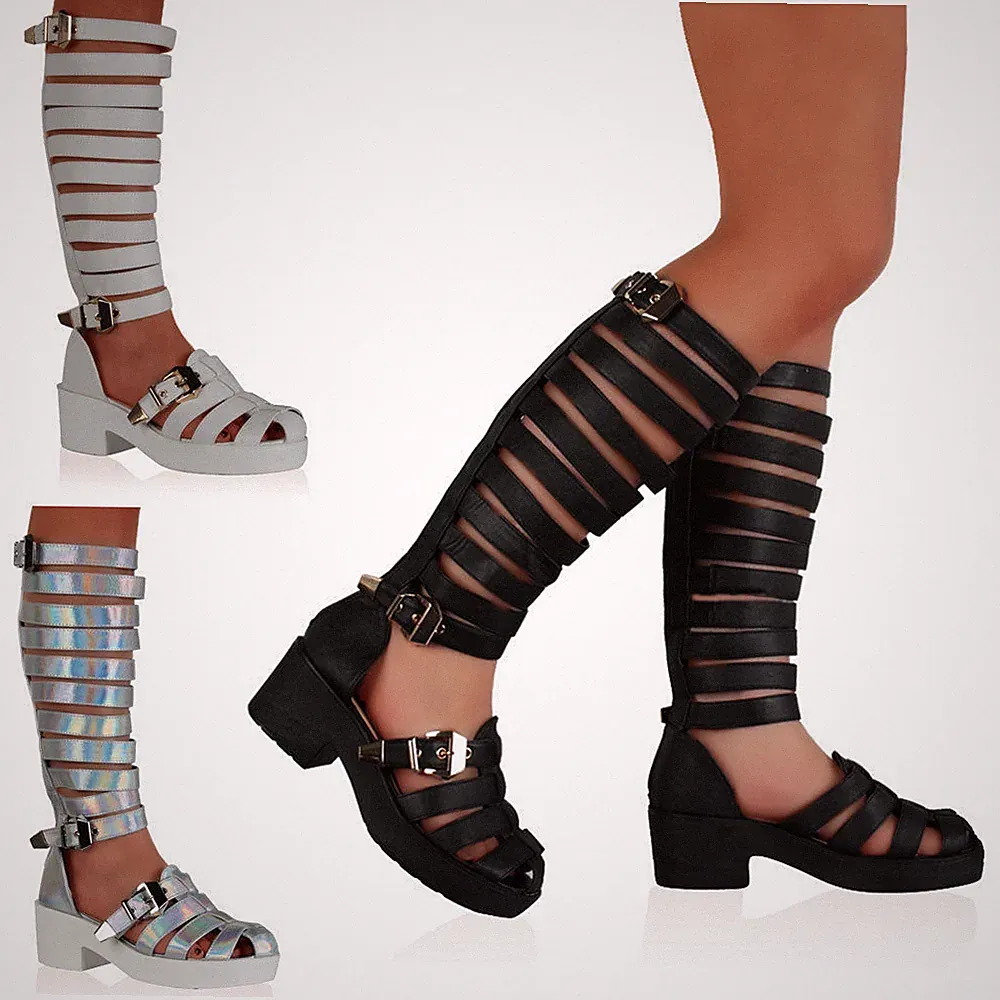 Damen Gladiatoren Sandalen Sommerschnalle Riemen Urlaub Party Keilabsatz Schuhe