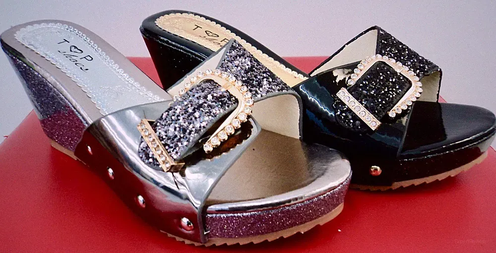 Damen Glitter Clogs Sabot Pantolette Mules Sandalette Keilabsatz Schwarz Grau