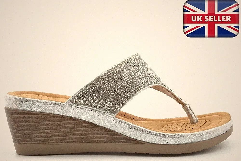 Damen-Glitzer-Sandalen Damen Strass Keilabsatz Sandale Zehensteg silber