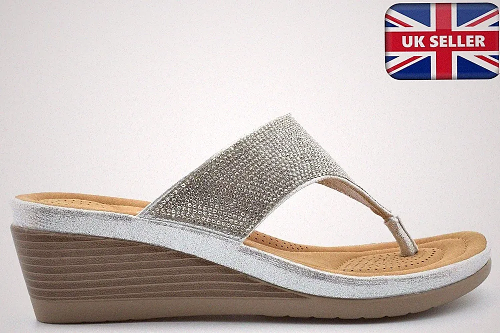 Damen-Glitzer-Sandalen Damen Strass Keilabsatz Sandale Zehensteg silber