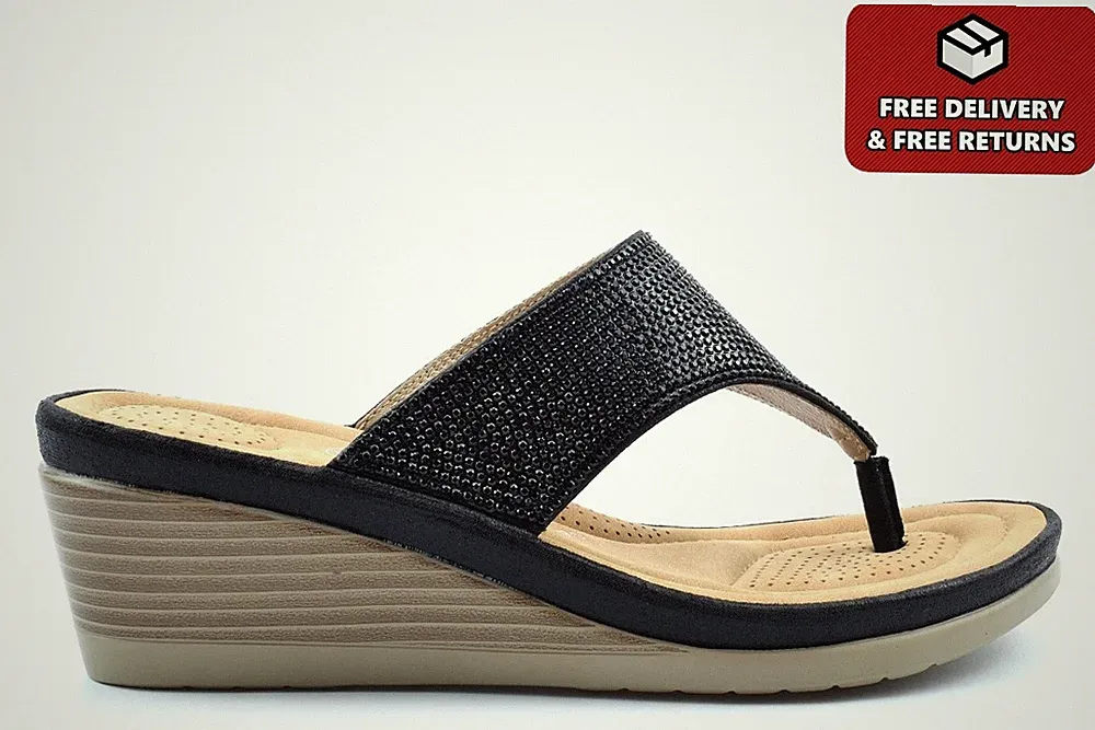 Damen-Glitzer-Sandalen Damen Strass Keilabsatz Sandalen Zehensteg schwarz