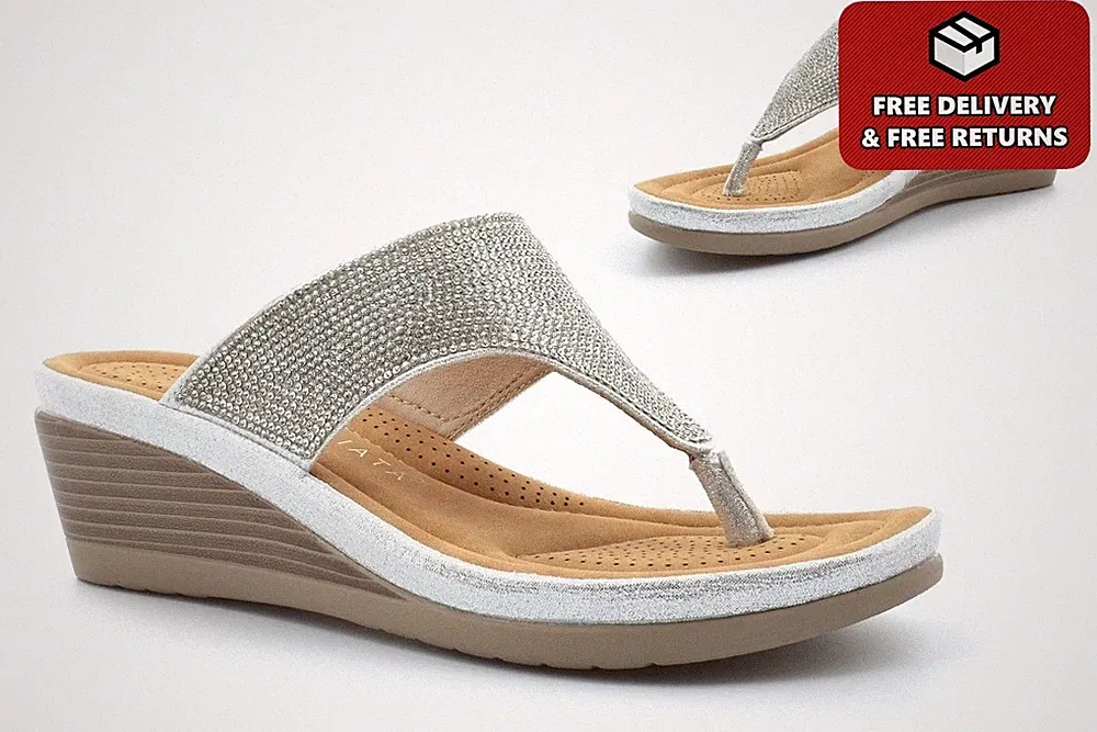 Damen-Glitzer-Sandalen Damen-Zehenstegsandalen Strasssandale Keilabsatz silber