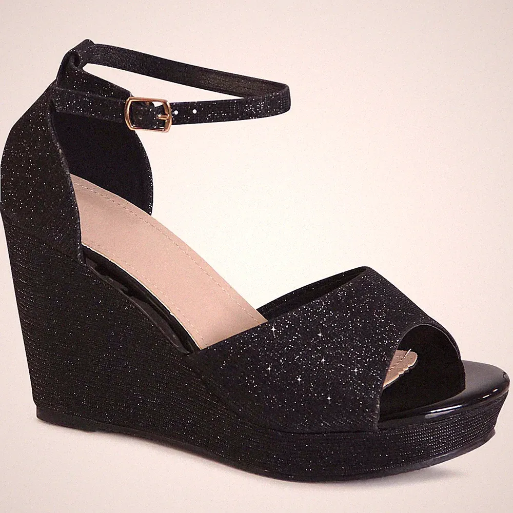 Damen Glitzer Sandalen Plateau Sandaletten Keilabsatz Pumps