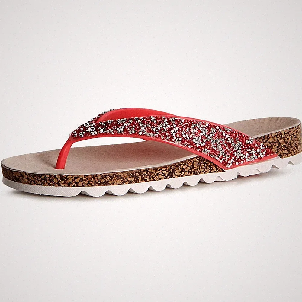 Damen Glitzer Sandalen Zehentrenner Plateau Blume Keilabsatz