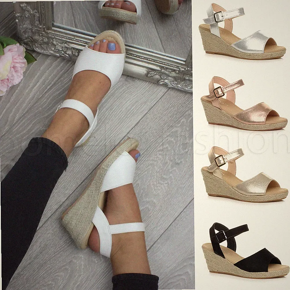 DAMEN HALBHOHER ABSATZ STRAND MARITIM ESPADRILLE KEILABSATZ PLATEAUSANDALEN GRÖSSE