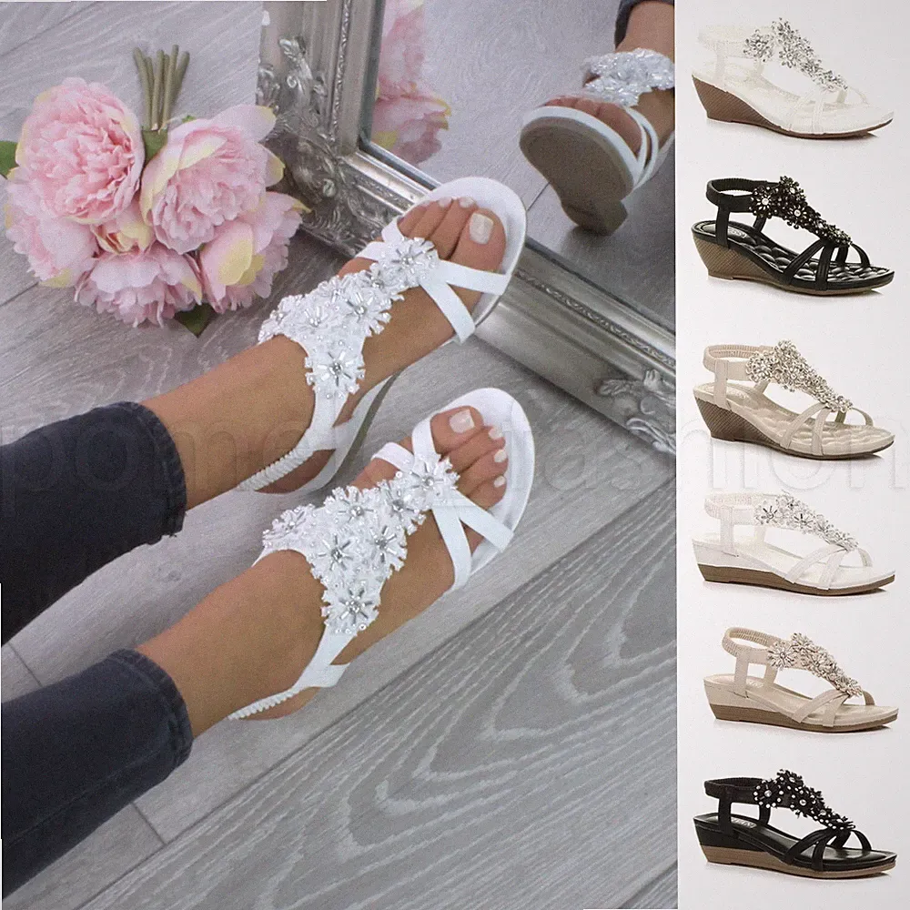 DAMEN HALBHOHER ABSATZ T-STEG BLUMEN ELASTISCH GEPOLSTERT KEILABSATZ KOMFORT SANDALEN GRÖSSE