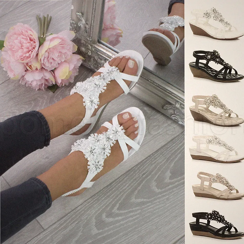 DAMEN HALBHOHER ABSATZ T-STEG BLUMEN ELASTISCH GEPOLSTERT KEILABSATZ KOMFORT SANDALEN GRÖSSE